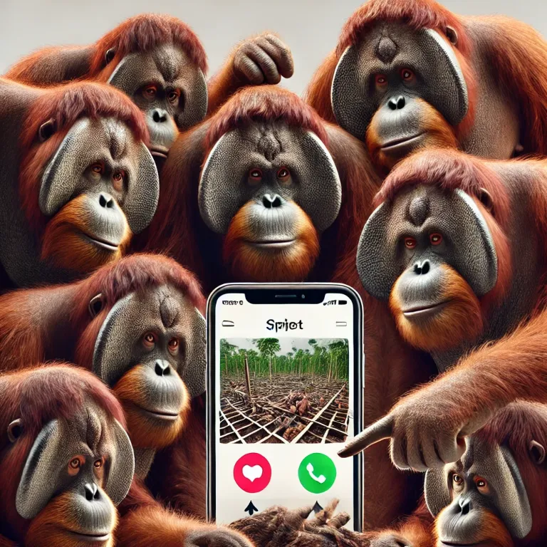 A group of orangutans huddled around a smartphone, all swiping left on pictures of deforested areas with angry and disappointed expressions. One orangutan has a thought bubble that reads, "Not in my rainforest!