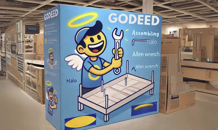 A large, IKEA-style flat box with the "GODEED" logo, showing a cartoon of a smiling person assembling a halo above their head using an Allen wrench.