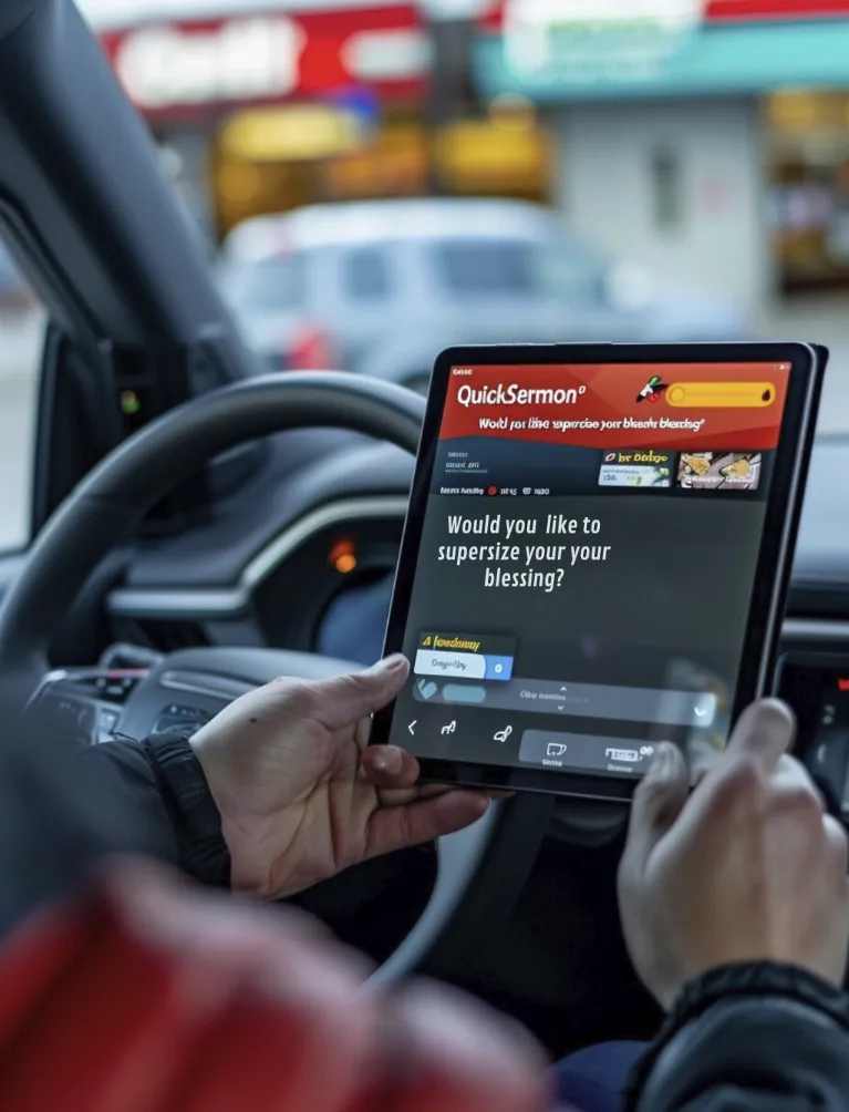 A person in a car receiving a tablet through the window, displaying a "QuickSermon™" app, while a drive-thru speaker asks, "Would you like to supersize your blessing?"