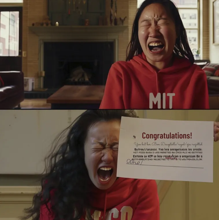 A split-screen showing a student simultaneously celebrating and crying, with a letter that reads "Congratulations! You have been accepted/rejected to MIT"