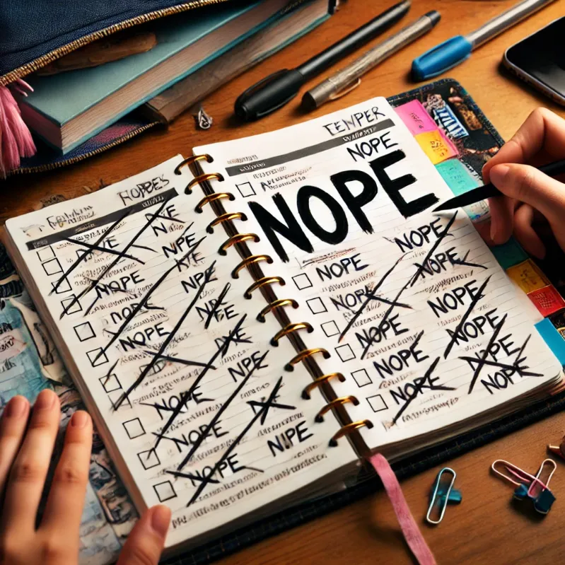 A student's planner filled with crossed-out tasks and a large "NOPE" written across the page