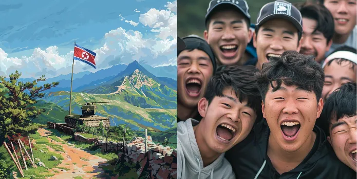 North Korean flag waving triumphantly on one side, and on the other, a group of South Koreans collectively rolling their eyes with exaggerated expressions.