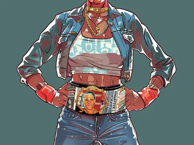 A comical illustration of Robin Roberts wearing a boxing champion's belt, but instead of a typical design, it's adorned with miniature tabloid magazines and gossip column headlines