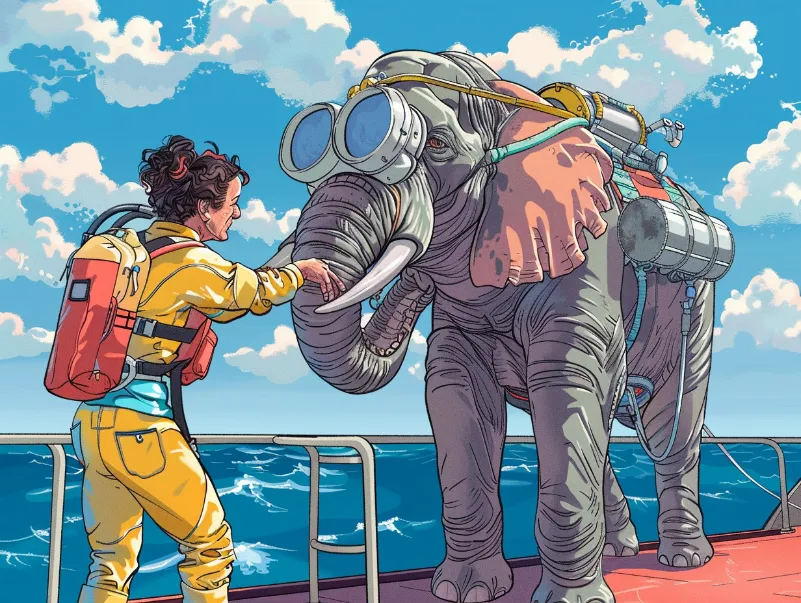 A comical illustration of Sylvia Earle trying to fit scuba gear on a confused-looking elephant]