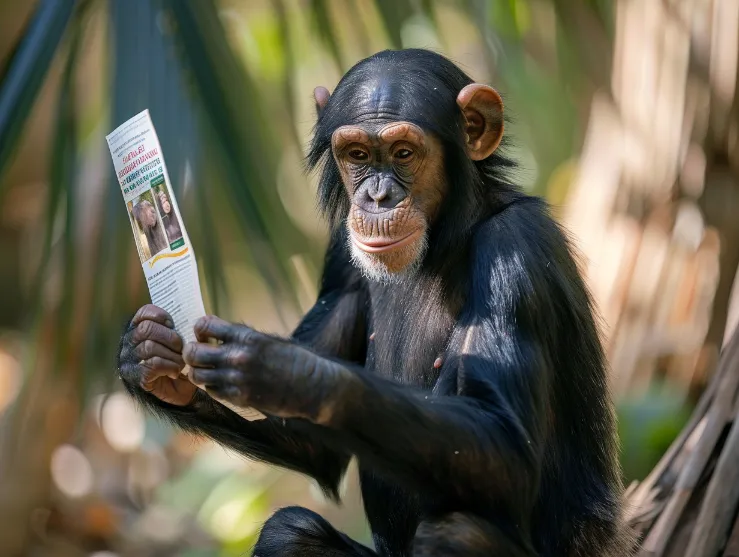 A confused-looking chimpanzee holding an Animal Welfare Institute pamphlet upside-down in a jungle setting.