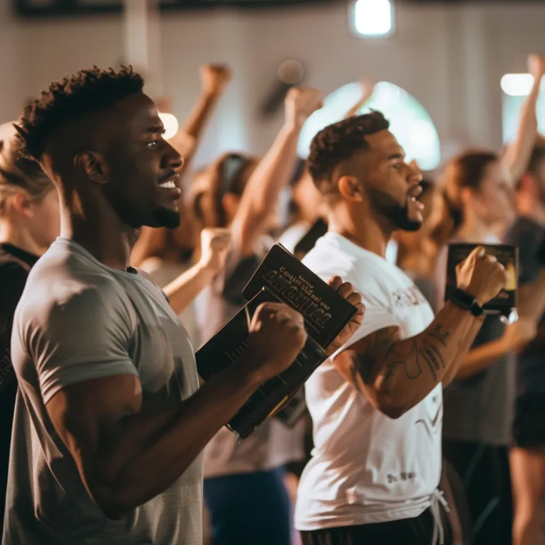 A group fitness class in a church, with participants doing bicep curls using Bibles while a pastor shouts motivational scriptures about wealth