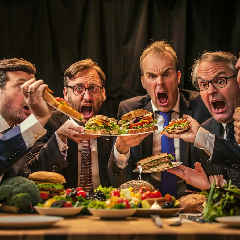 EU officials engaged in a heated debate, holding up various sandwich and salad options, with exaggerated expressions of seriousness