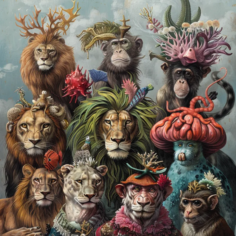 A group of perplexed-looking land animals wearing various marine-inspired accessories, such as a lion with a seaweed mane and a monkey wearing a coral reef hat