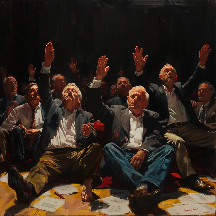 A group of politicians sitting cross-legged on the floor, raising their hands