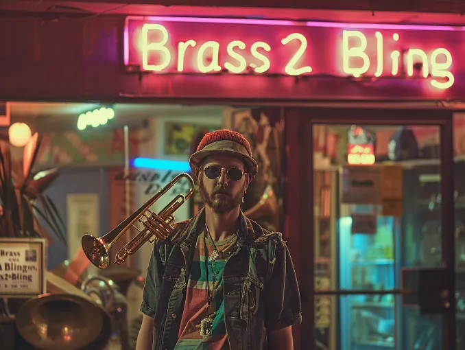 A hipster wearing multiple brass instrument-inspired jewelry pieces, standing in front of a Salvation Army thrift store with a neon "Brass2Bling" sign in the window