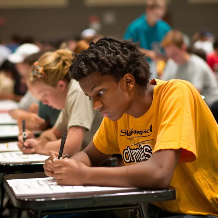 A mock "Skills Olympics" event, with students furiously filling in bubbles on standardized tests while officials monitor them closely.