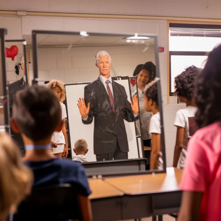 classroom setting with students practicing exaggerated facial expressions in front of mirrors, with a stern-looking Anderson Cooper 