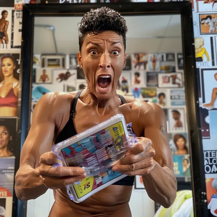 A mock training montage showing Roberts in various exaggerated poses: furiously typing on a smartphone, practicing shocked expressions in a mirror, and doing bicep curls with oversized gossip magazines