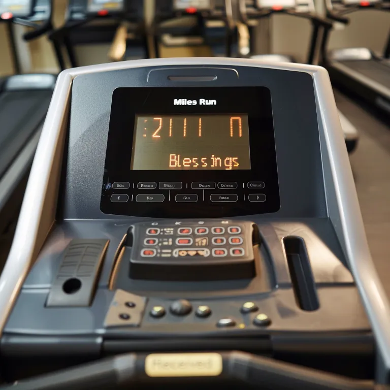 A treadmill with a built-in tithing box and a digital display showing "Miles Run" and "Blessings Received" in dollar amounts
