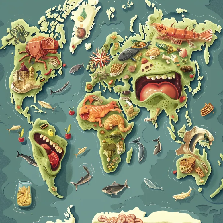A world map displaying various countries, with hunger levels decreasing as illustrated by comically shrinking stomachs