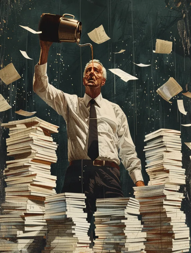 An exaggerated depiction of Schleicher maniacally pouring coffee while surrounded by towering stacks of test papers