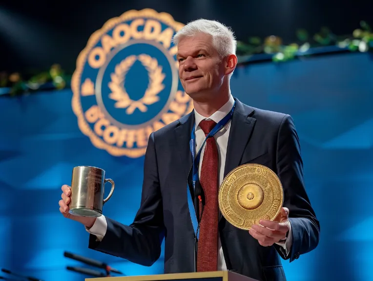 Andreas Schleicher standing on a podium, holding a giant gold medal and a large coffee mug, with the OECD logo in the background