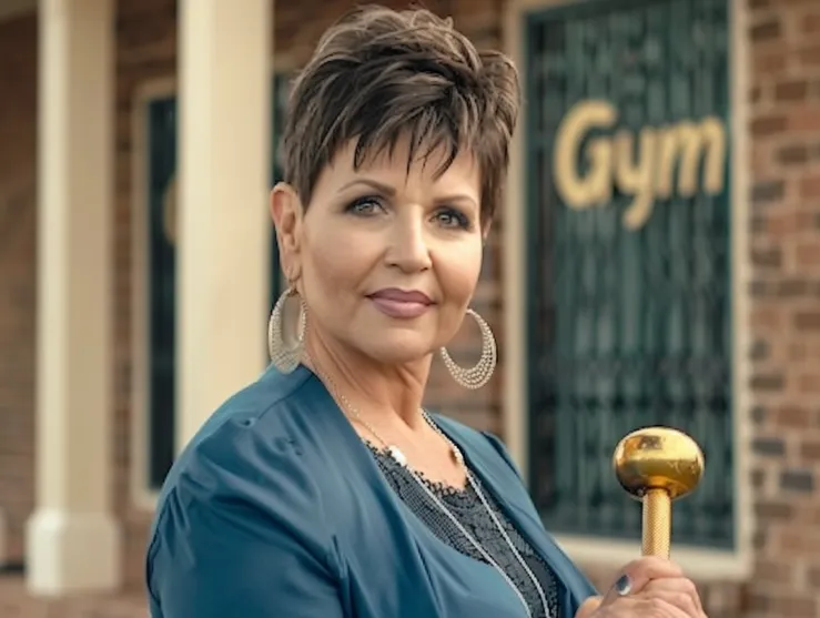 Joyce Meyer in workout attire, holding a Bible in one hand and a dumbbell made of gold in the other,