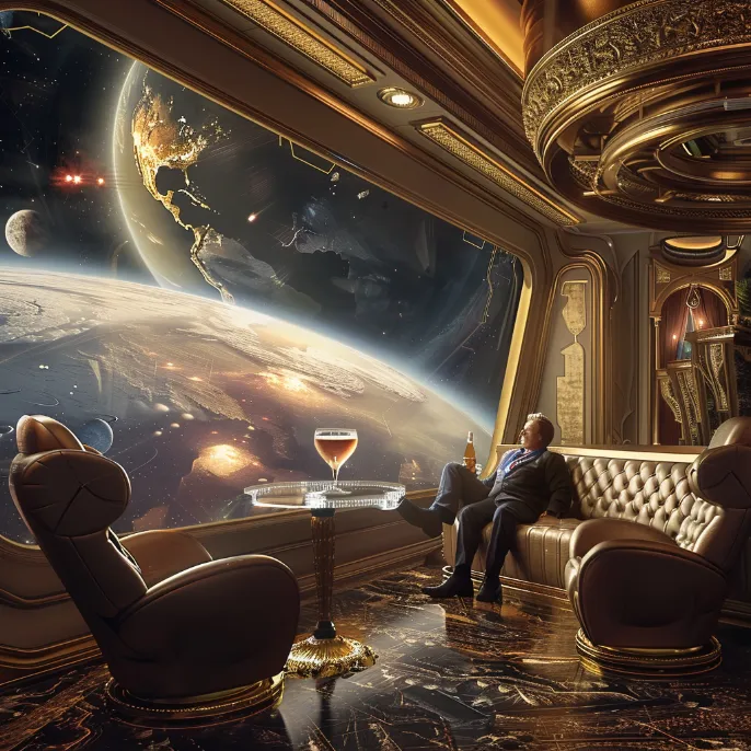 A billionaire lounging in a plush recliner, sipping a martini and watching a live feed of Earth's destruction on a massive screen.