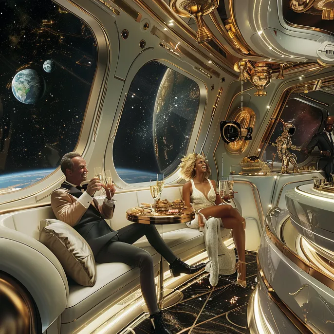 A group of billionaires clinking champagne glasses while floating in the spacecraft's Zero-G lounge, with a robotic butler serving hors d'oeuvres.