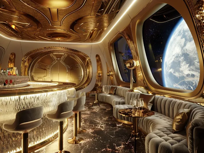 spacecraft interior, complete with gold-plated walls, velvet furniture, and a champagne bar, with Earth visible through the windows.