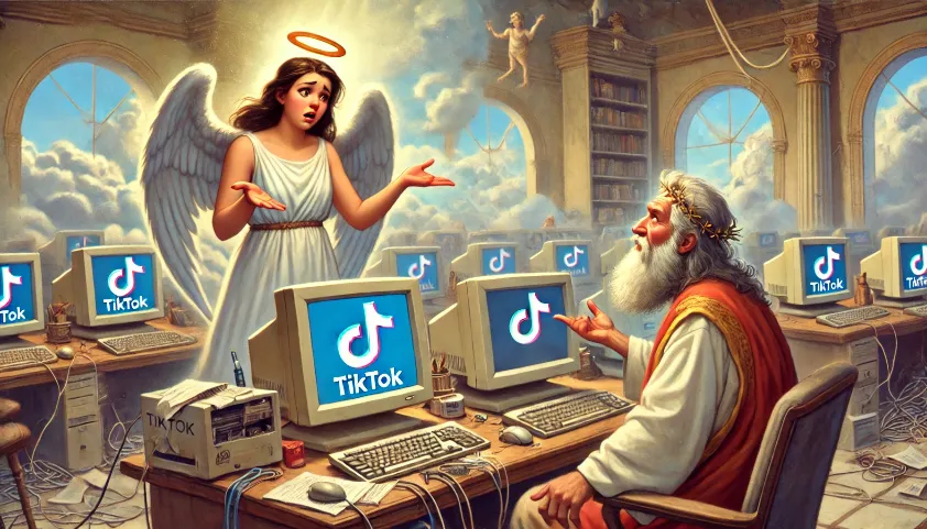 A disappointed angel in Heaven's IT department, surrounded by outdated computers, trying to explain TikTok to a confused God
