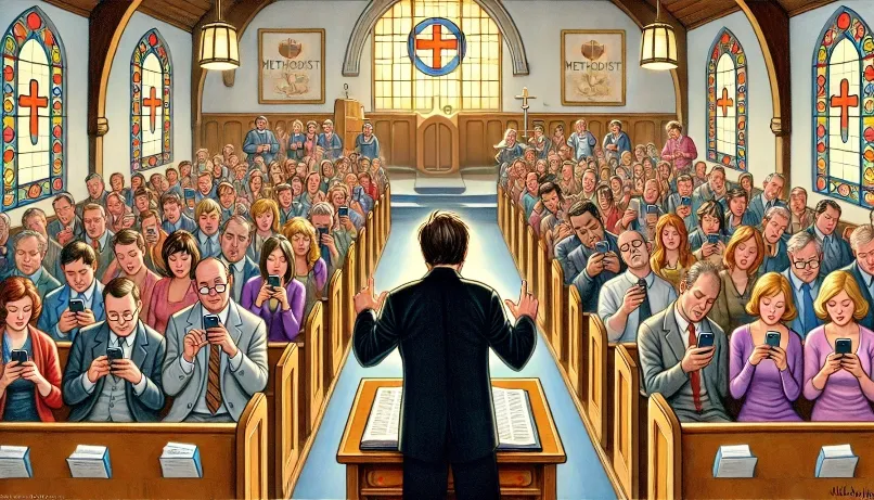 A flustered minister trying to conduct a sermon while the entire congregation is glued to their phones, swiping on the Methodist matchmaking app