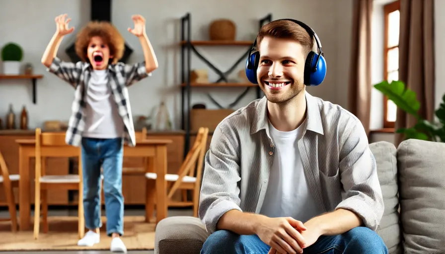 A smiling parent wearing noise-canceling headphones, giving a thumbs up while their teenager appears to be having a meltdown in the background