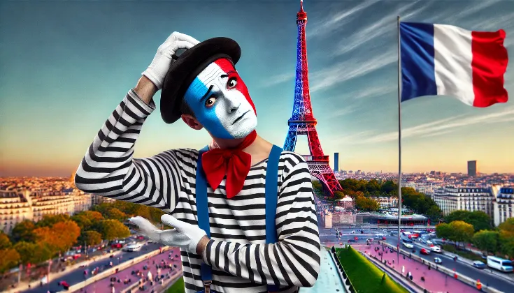 A photoshopped image of the Eiffel Tower painted in the gaudy colors of the French flag, with a confused tourist dressed as a stereotypical French mime scratching their head in the foreground