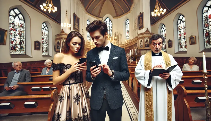 A young couple in Sunday best, furiously swiping on smartphones while the pastor looks on in bewilderment