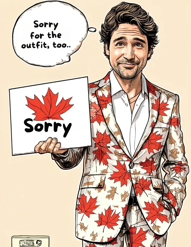 Justin Trudeau holding a "Sorry" sign while wearing a maple leaf-patterned suit and a sheepish grin, with a thought bubble that reads, "Sorry for the outfit, too.