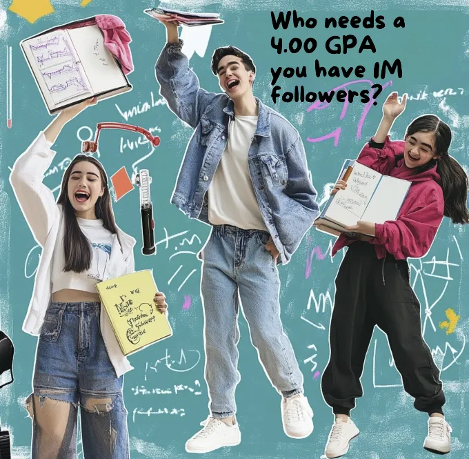 A collage of Harvard students performing outrageous TikTok dances while holding textbooks and scientific equipment, with the caption "Who needs a 4.0 GPA when you have 1M followers?"
