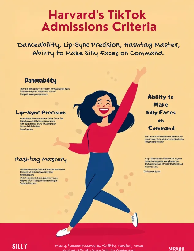 An infographic titled "Harvard's TikTok Admissions Criteria," with categories like "Danceability," "Lip-Sync Precision," "Hashtag Mastery," and "Ability to Make Silly Faces on Command."]
