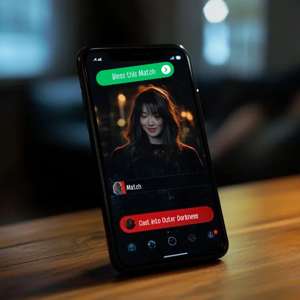 A smartphone displaying the Methodist matchmaking app salvation screen, with options to "Bless this Match" or "Cast into Outer Darkness"
