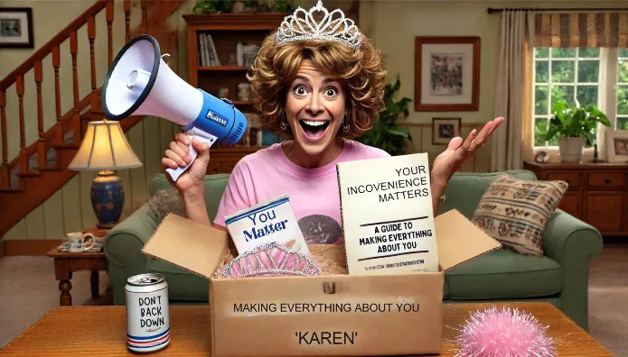 A "Karen" receiving her care package, which includes a tiara, a megaphone, and a book titled "Your Inconvenience Matters: A Guide to Making Everything About You"