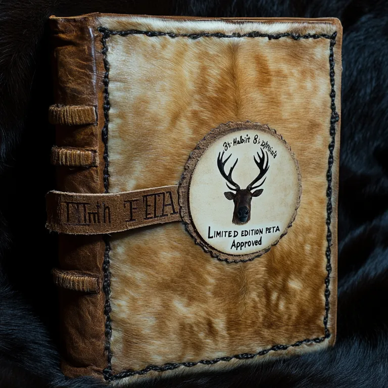 A "8th Habit" book bound in luxurious caribou hide, emblazoned with a "LIMITED EDITION" sticker and a "PETA Approved" badge.