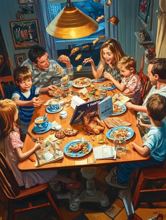 A chaotic family dinner scene, with everyone ignoring each other, food flying, and Covey's "7 Habits" book being used as a makeshift doorstop/flyswatter/child's booster seat.