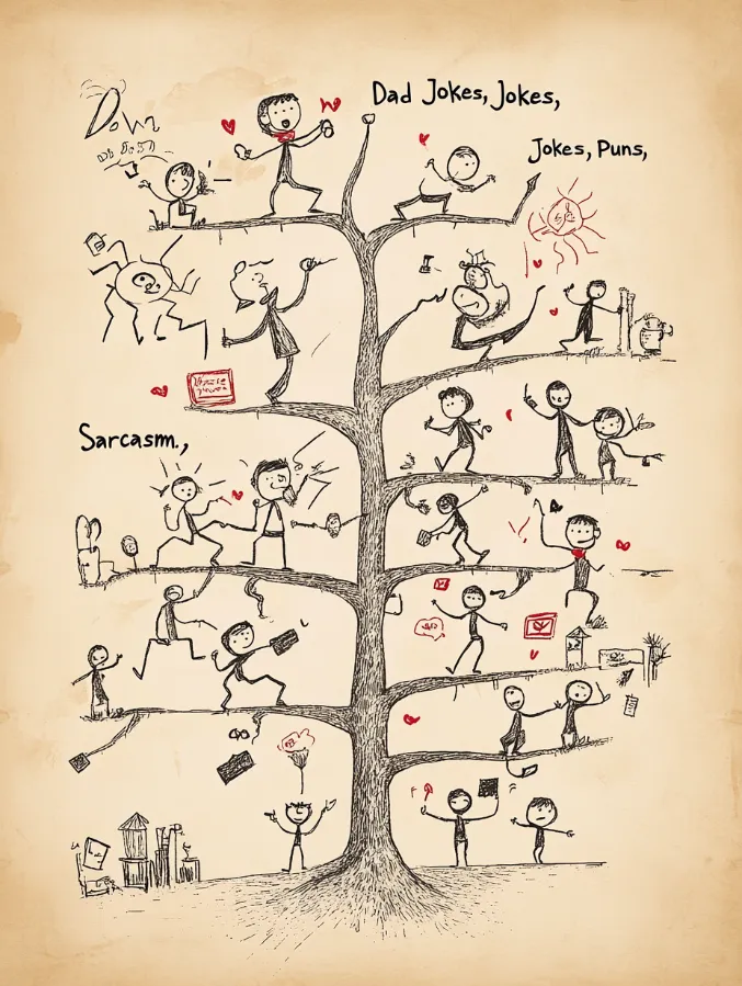 A complex family tree diagram showing the evolution of humor, with branches labeled "Dad Jokes," "Puns," and "Sarcasm," all leading to a stick figure banging its head against a wall while simultaneously tweeting and watching Netflix