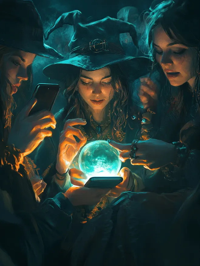 A coven of tech-savvy witches and warlocks gathered around a glowing smartphone, their faces illuminated by the eerie light of the iSeer app's crystal ball interface.
