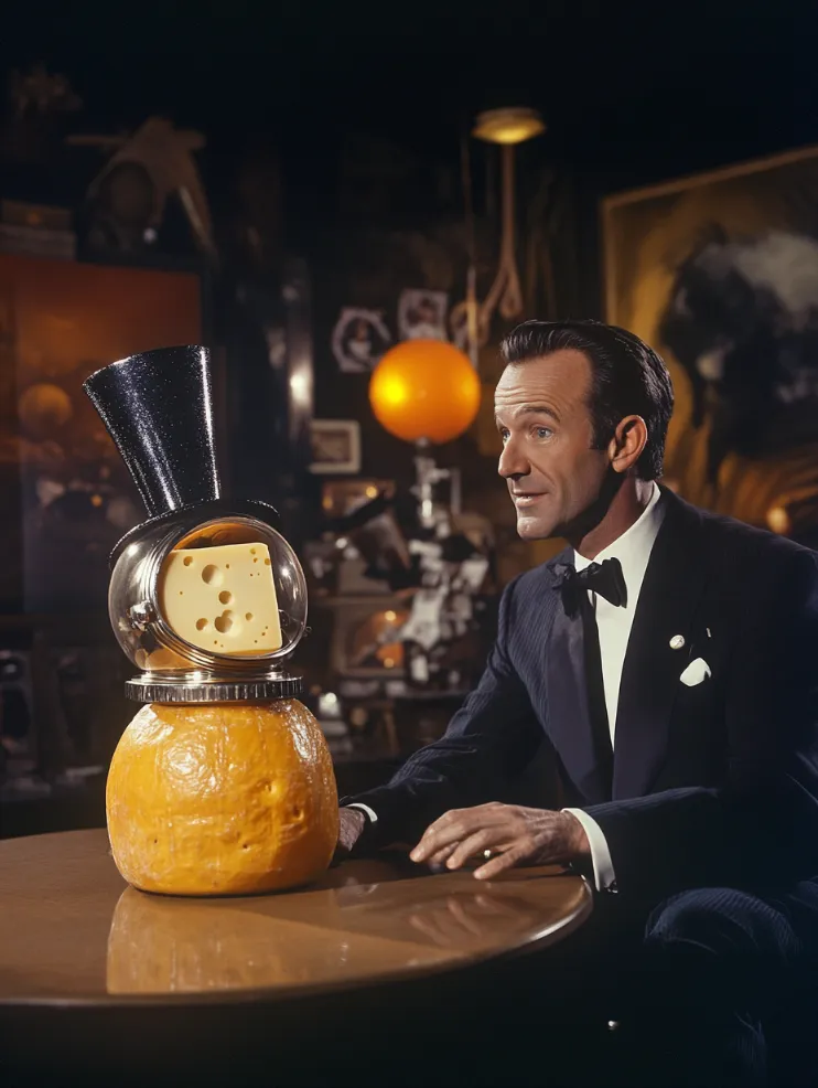 A deadpan Brian Williams interviewing a pompous-looking wheel of cheese wearing a miniature astronaut helmet and silky top hat