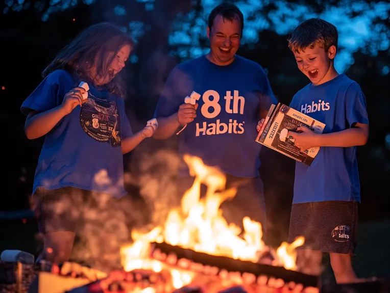 A family wearing "8th Habit" t-shirts, gleefully tossing Covey's "7 Habits" books into a raging bonfire, marshmallows at the ready.