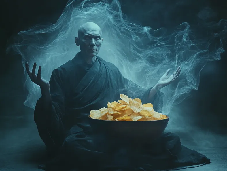 A ghostly figure of Thich Nhat Hanh floating in lotus position while reaching for a big bowl of chips