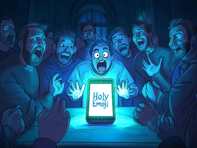A group of panicked clergy members surrounding a glowing smartphone, from which emerges a cartoonish deity wearing a "Holy Spirit Emoji" t-shirt