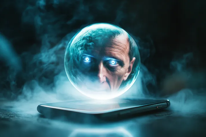 A mystical smartphone levitating in a misty void, projecting a holographic crystal ball from its screen. Within the orb, Peter Thiel's face appears, his eyes glowing with an otherworldly, all-knowing light.