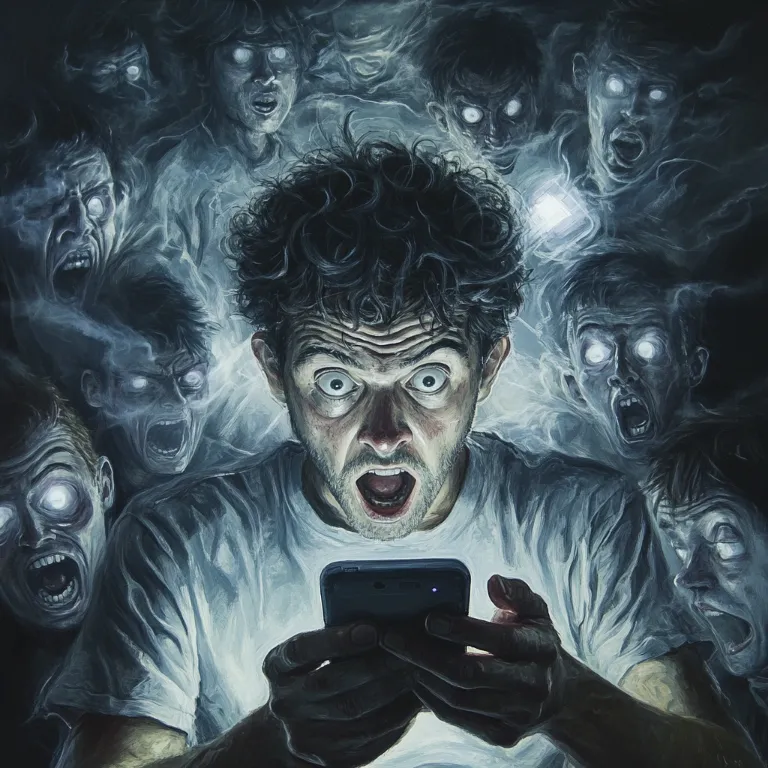 A mystified user gaping at their phone, encircled by a multitude of alternate selves from divergent timelines, each one more perplexed than the last.