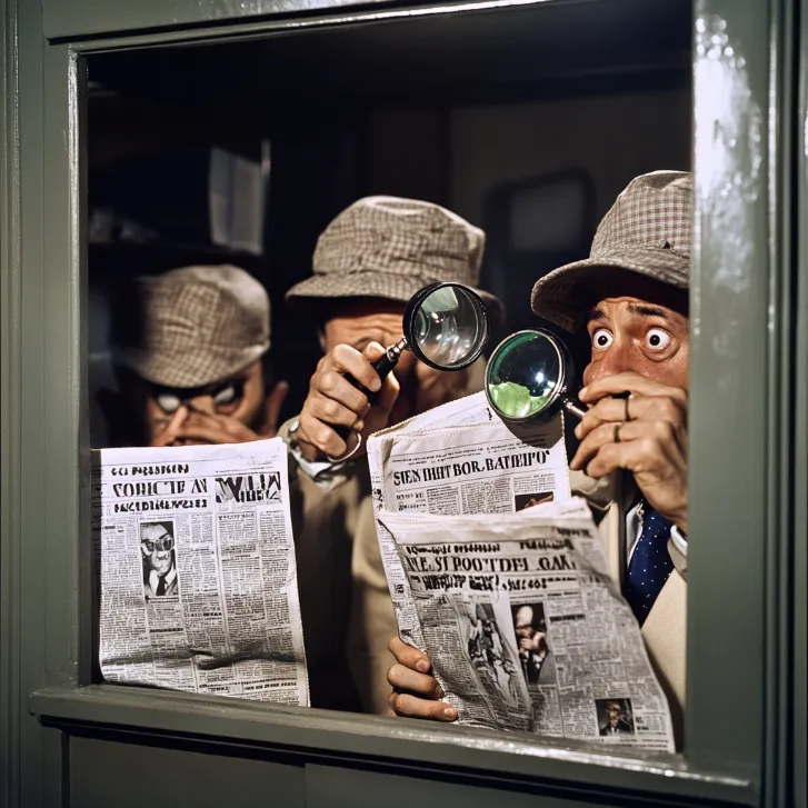 A newspaper stand displaying papers with absurdly spliced headlines, with confused readers trying to decipher them using magnifying glasses and decoder rings