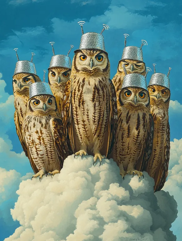 A parliament of perplexed owls sporting miniature tinfoil hats, perched atop a WiFi-enabled cumulus formation, engaging in heated debate