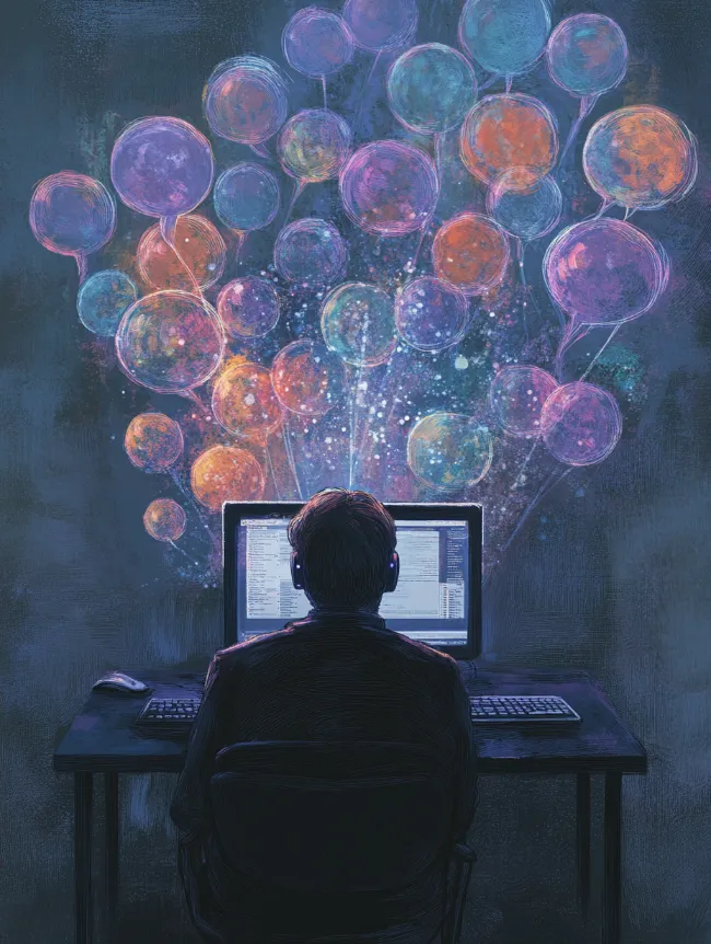 A perplexed individual seated before a computer, engulfed by a swarm of holographic speech bubbles containing polished versions of their half-cooked notions.