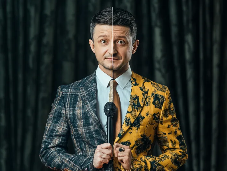 A photoshopped image of Volodymyr Zelensky wearing a suit on one half of his body and a comedian's outfit on the other, standing at a podium with a microphone