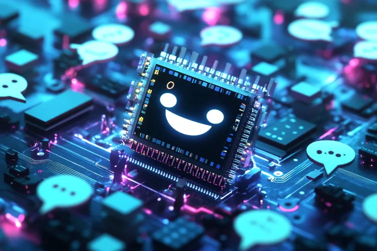 A sleek, futuristic computer chip with a mischievous grin, surrounded by a flurry of speech bubbles containing the punchlines to unspoken jokes and the endings of half-formed ideas.